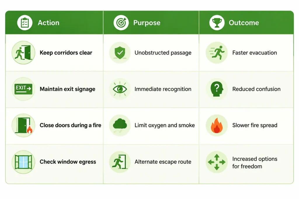 Keep Escape Routes Clear and Control Ventilation / Describe Practices That Prevent Fires From Spreading