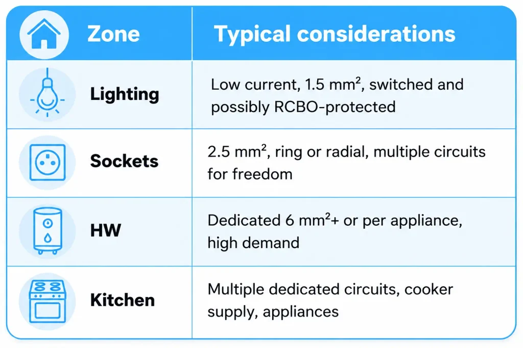 Planning Circuits: Lighting, Sockets, HW, and Kitchen Zones / 14 Way Fuse Box Consumer Unit Explained